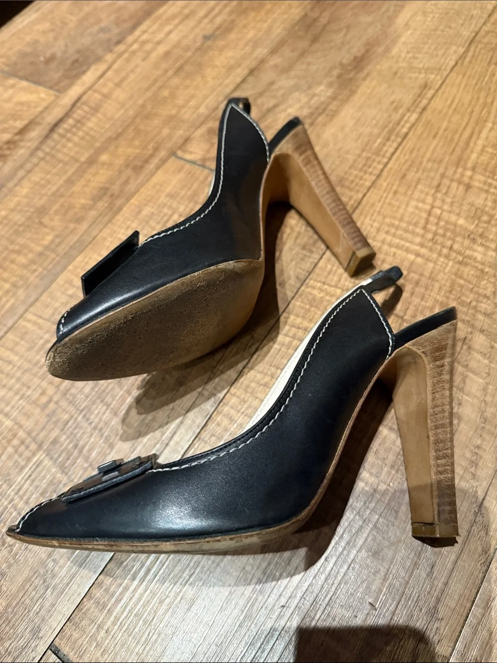 Givenchy Black Leather Slingback Heels with Gold Cross Accents